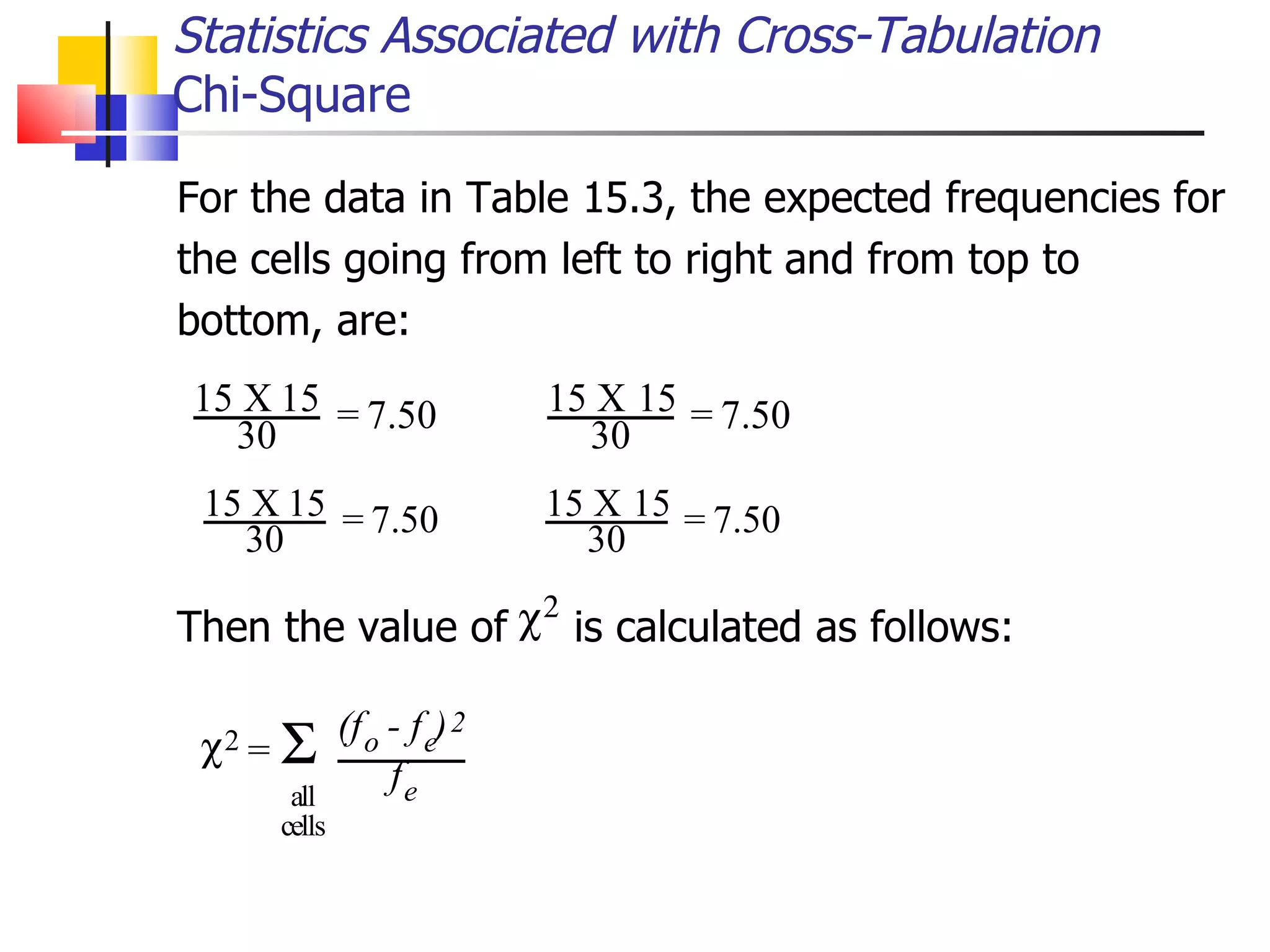 For the data in Table 15.3, the expected frequencies for the cells going from left to right and from top to bottom, are: Then the value of  is calculated as follows: Statistics Associated with Cross-Tabulation Chi-Square 