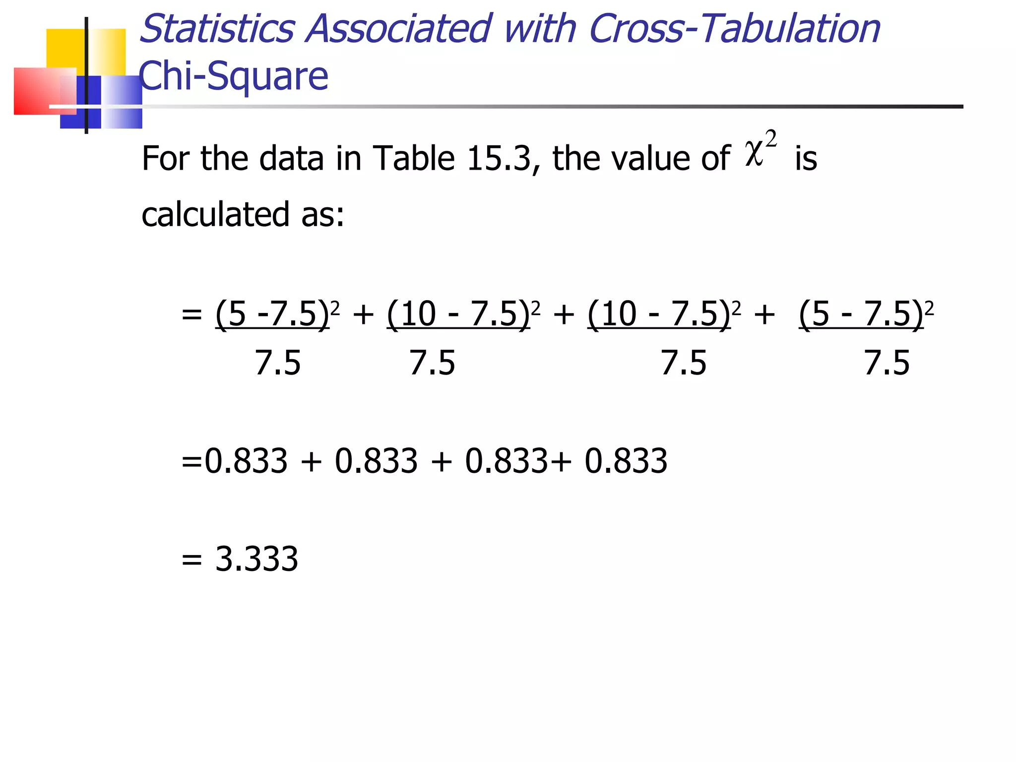 For the data in Table 15.3, the value of  is calculated as:   =  (5 -7.5) 2  +  (10 - 7.5) 2  +  (10 - 7.5) 2  +  (5 - 7.5) 2   7.5   7.5    7.5  7.5 =0.833 + 0.833 + 0.833+ 0.833 = 3.333 Statistics Associated with Cross-Tabulation Chi-Square 