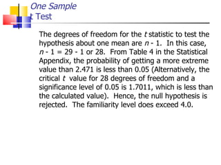 The degrees of freedom for the  t  statistic to test the hypothesis about one mean are  n  - 1.  In this case,  n  - 1 = 29 - 1 or 28.  From Table 4 in the Statistical Appendix, the probability of getting a more extreme value than 2.471 is less than 0.05 (Alternatively, the critical  t   value for 28 degrees of freedom and a significance level of 0.05 is 1.7011, which is less than the calculated value).  Hence, the null hypothesis is rejected.  The familiarity level does exceed 4.0.  One Sample t Test 