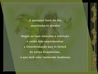 A qualquer hora do dia,
mantenha-te atento!
Segue as tuas emoções e intuição
e então irás experimentar
a transformação que te levará
às novas frequências,
o que será uma tremenda mudança.
 