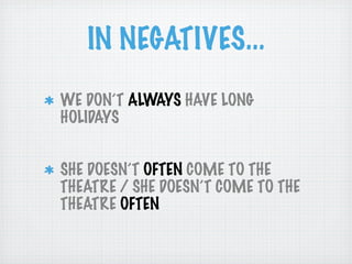 IN NEGATIVES...
WE DON’T ALWAYS HAVE LONG
HOLIDAYS


SHE DOESN’T OFTEN COME TO THE
THEATRE / SHE DOESN’T COME TO THE
THEATRE OFTEN
 