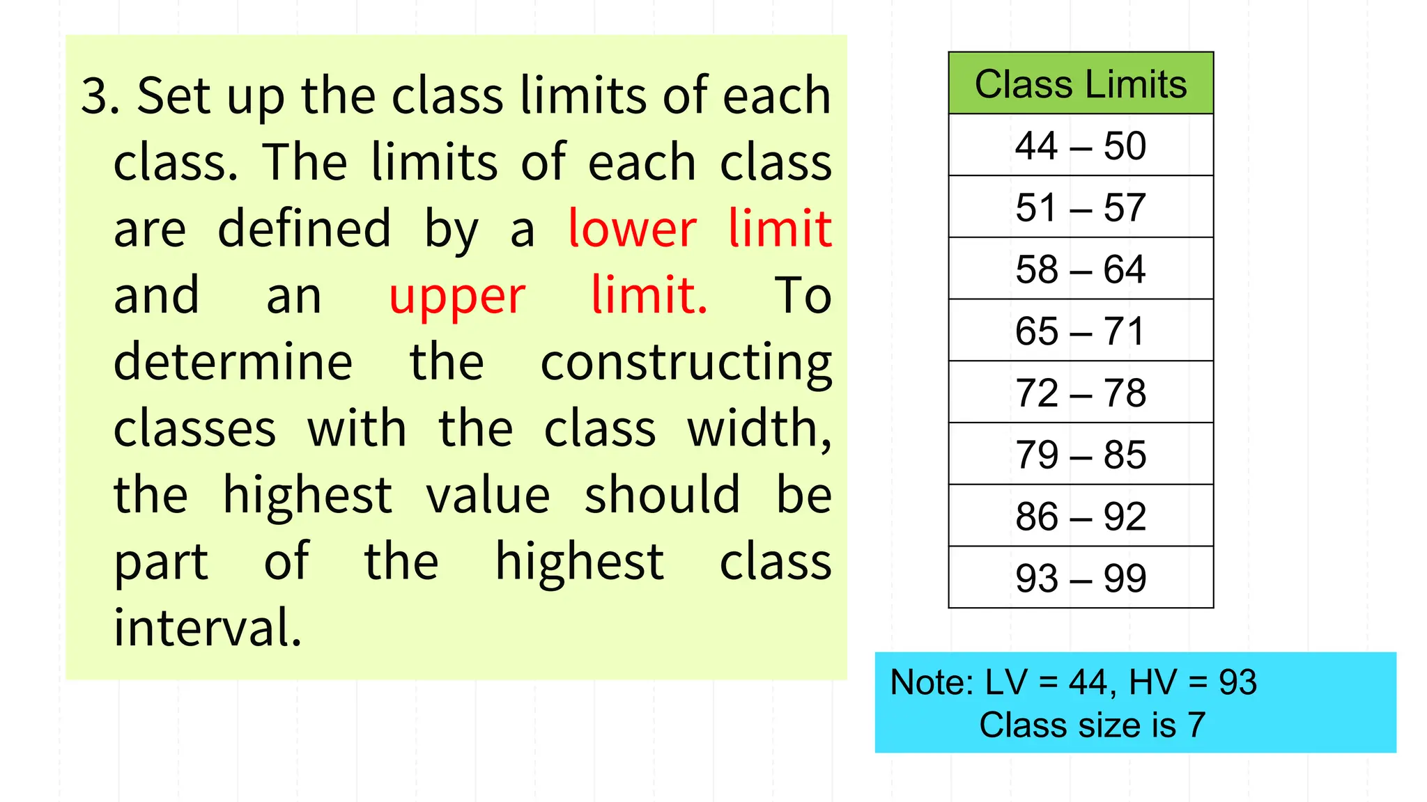 3. Set up the class limits of each
class. The limits of each class
are defined by a lower limit
and an upper limit. To
determine the constructing
classes with the class width,
the highest value should be
part of the highest class
interval.
Class Limits
44 – 50
51 – 57
58 – 64
65 – 71
72 – 78
79 – 85
86 – 92
93 – 99
Note: LV = 44, HV = 93
Class size is 7
 