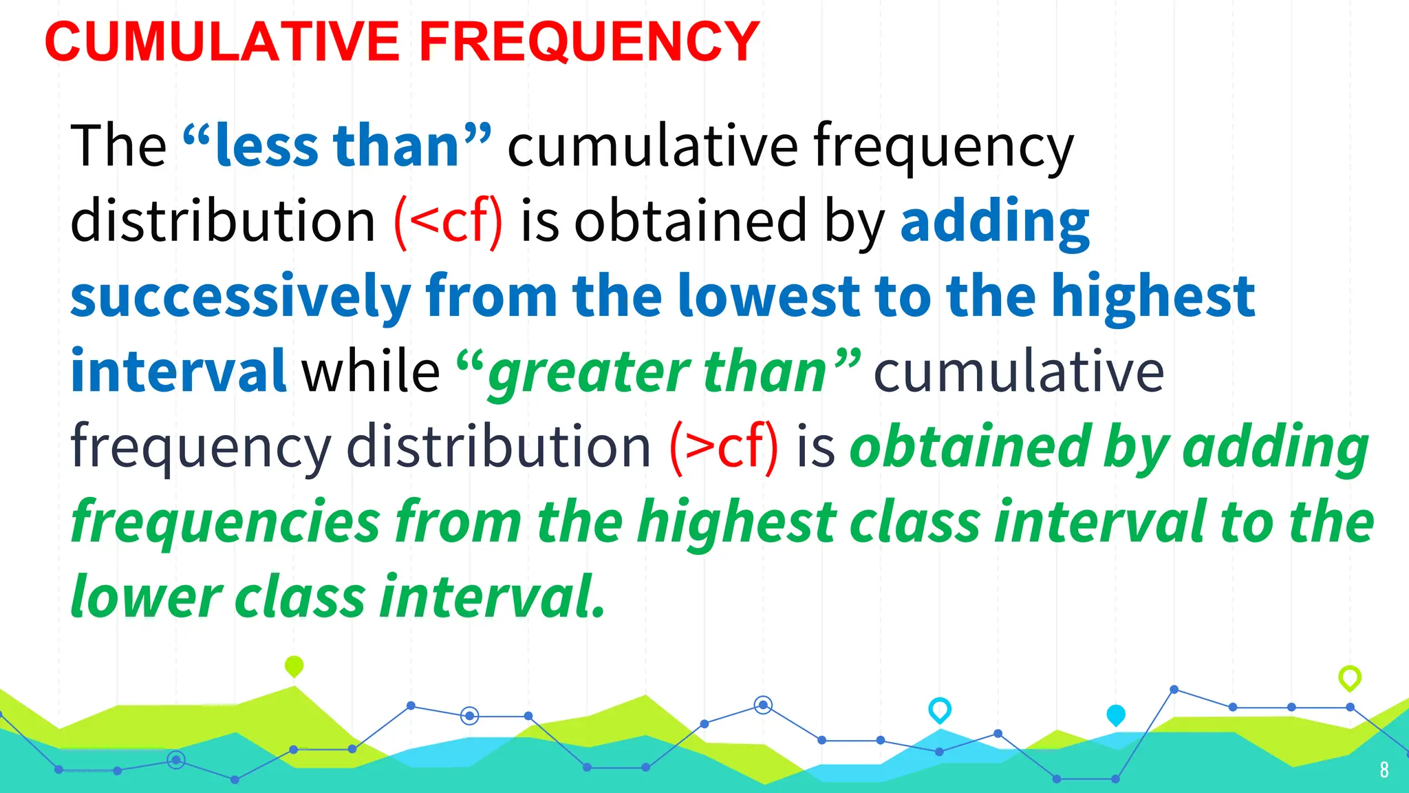8
The “less than” cumulative frequency
distribution (<cf) is obtained by adding
successively from the lowest to the highest
interval while “greater than” cumulative
frequency distribution (>cf) is obtained by adding
frequencies from the highest class interval to the
lower class interval.
CUMULATIVE FREQUENCY
 