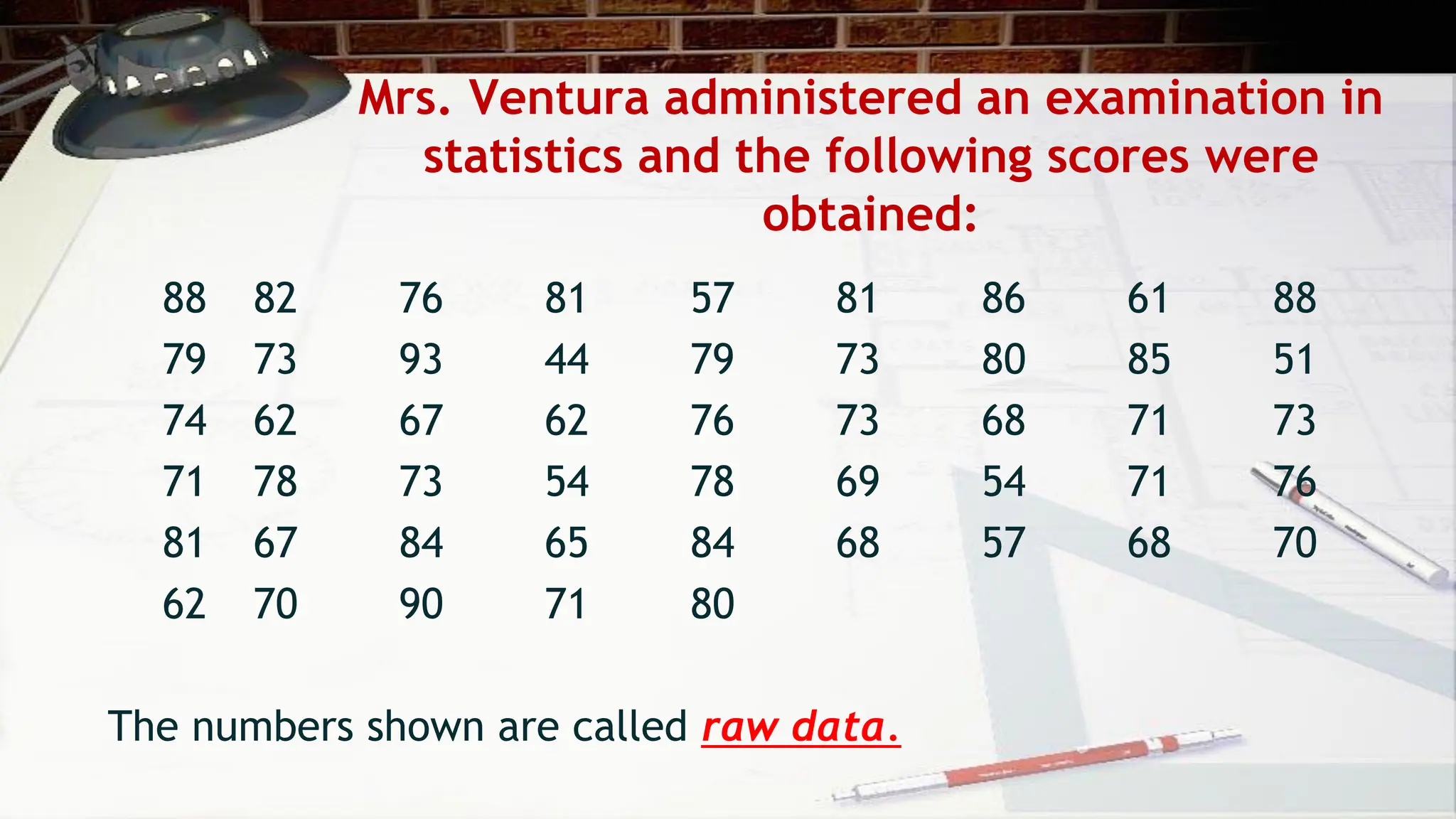 Mrs. Ventura administered an examination in
statistics and the following scores were
obtained:
88 82 76 81 57 81 86 61 88
79 73 93 44 79 73 80 85 51
74 62 67 62 76 73 68 71 73
71 78 73 54 78 69 54 71 76
81 67 84 65 84 68 57 68 70
62 70 90 71 80
The numbers shown are called raw data.
 
