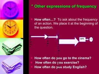 *  Other expressions of frequency How often do you go to the cinema? How often do you exercise? How often do you study English? How often do does I you he / she / it we they verb ? How often…?   T o ask about the frequency of an action. We place it at the beginning of the question. 