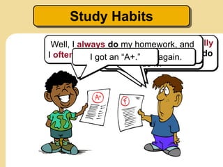 Hmmm… Well, I am usually
late for class, and I never do
my homework.
Maybe I need to try
your study habits.
You got an “A+”
again!?!? How do you
do it?
Well, I always do my homework, and
I often ask the teacher for help.I got an “F” again.
Study Habits
I got an “A+.”
 