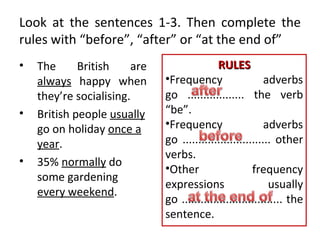Look at the sentences 1-3. Then complete the rules with “before”, “after” or “at the end of”  The British are  always  happy when they’re socialising.  British people  usually  go on holiday  once a year .  35%  normally  do some gardening  every weekend .  RULES Frequency adverbs go .................. the verb “be”.  Frequency adverbs go ............................ other verbs.  Other frequency expressions usually go ................................ the sentence.  