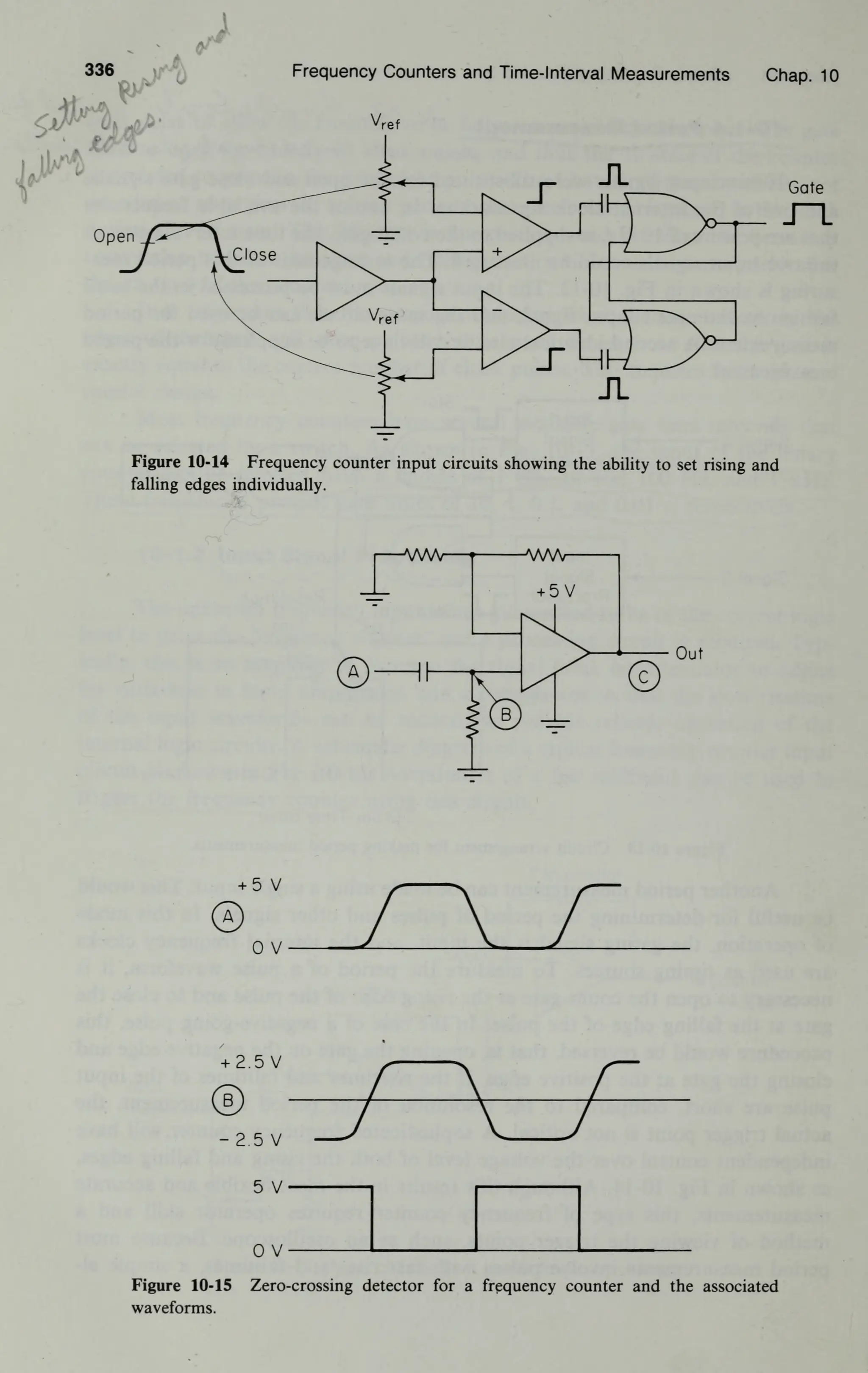 Open
Frequency Counters and Time-Interval Measurements Chap. 10
Vref
SI
Figure 10-14 Frequency counter input circuits showing the ability to set rising and
falling edges individually.
I
WW-
+ 5 V
B _L
©
Out
5 V
© 0 V r r
+ 2.5 V
—
s
2.5 V
5 V
0 V
Figure 10-15 Zero-crossing detector for a frequency counter and the associated
waveforms.
 