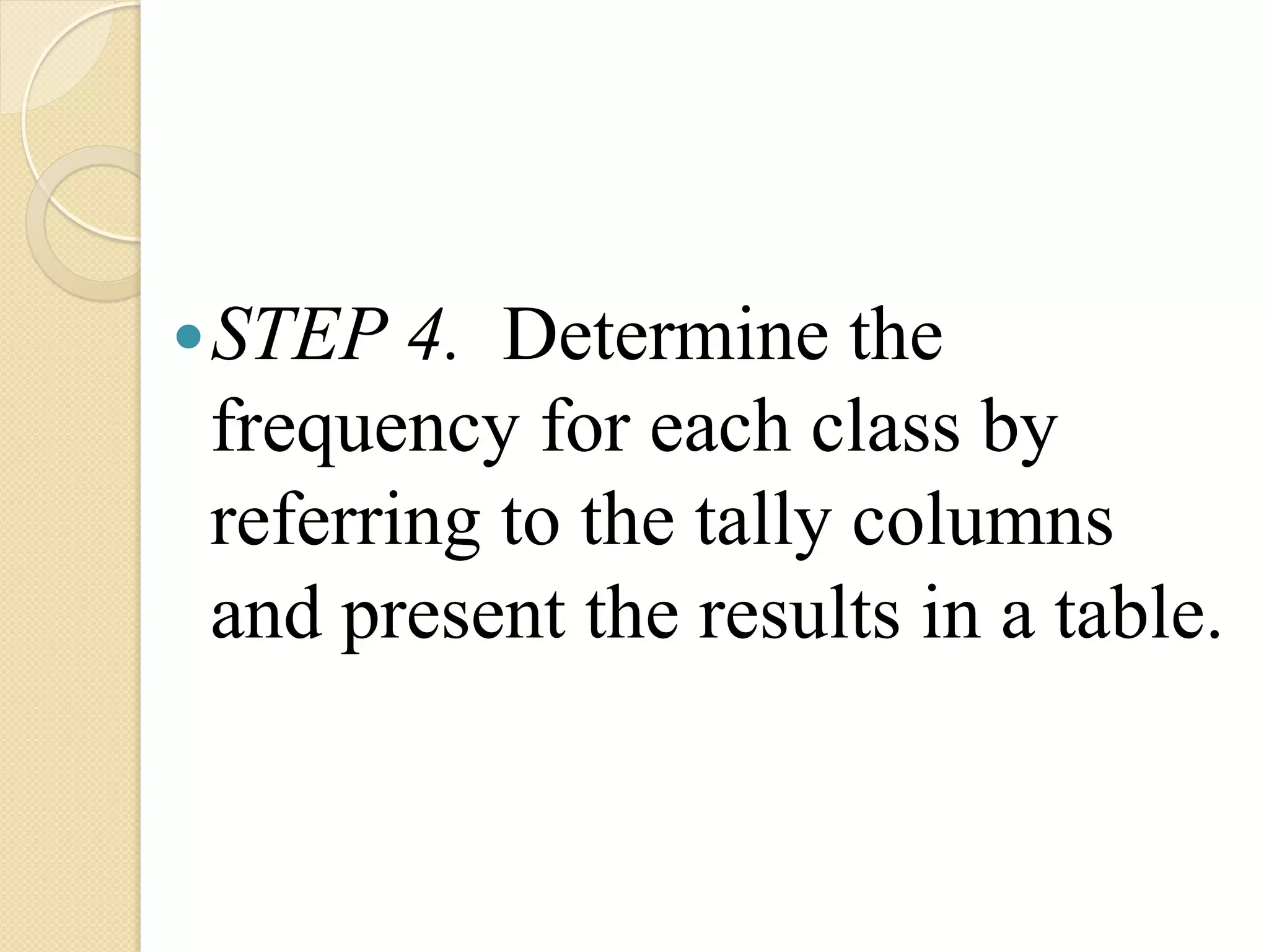— STEP 4. Determine the
 frequency for each class by
 referring to the tally columns
 and present the results in a table.
 