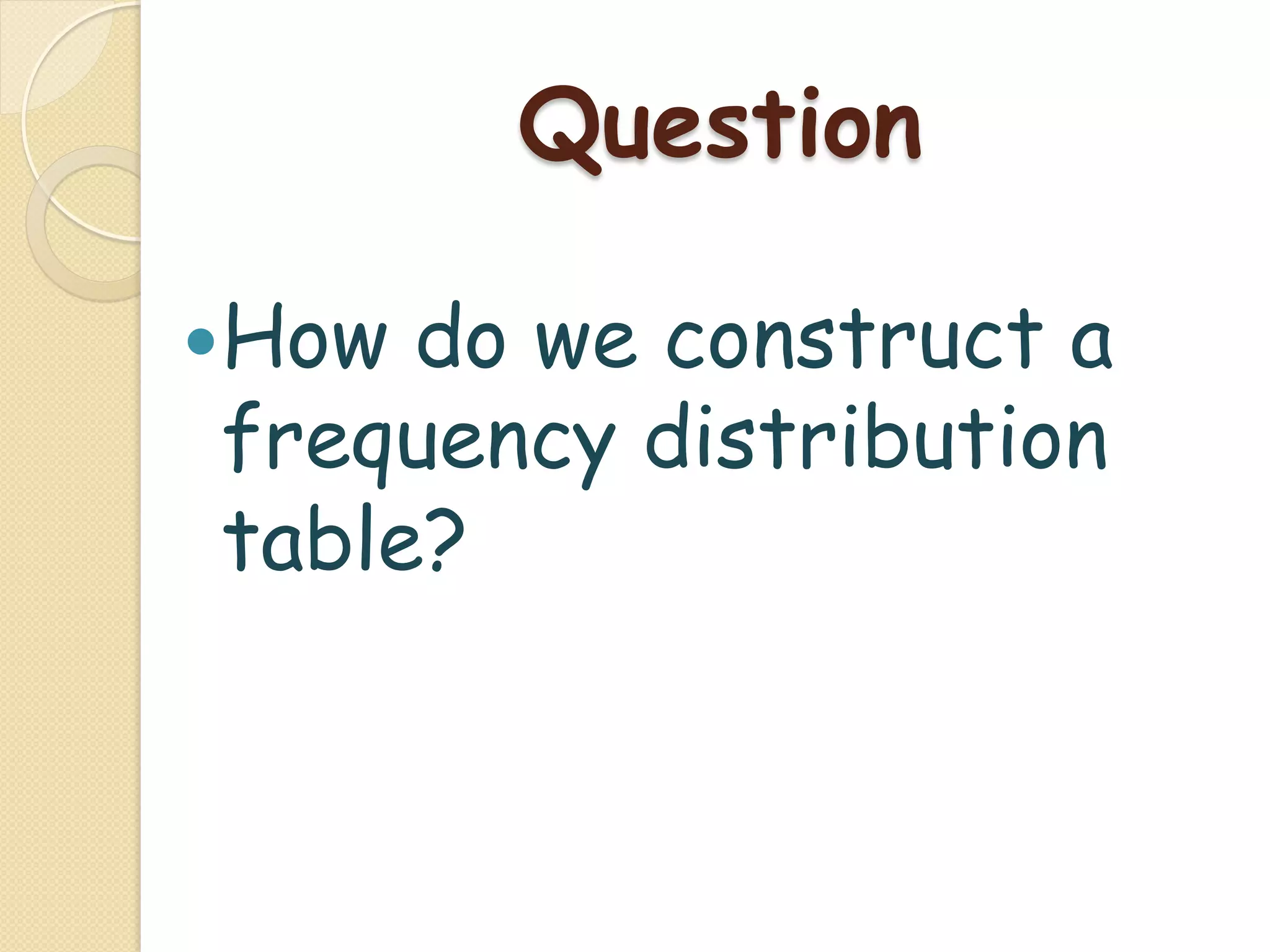 Question

— Howdo we construct a
 frequency distribution
 table?
 