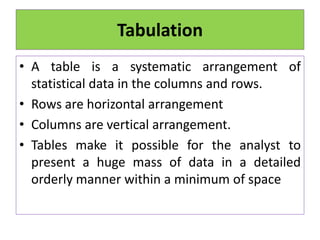 Tabulation
• A table is a systematic arrangement of
statistical data in the columns and rows.
• Rows are horizontal arrangement
• Columns are vertical arrangement.
• Tables make it possible for the analyst to
present a huge mass of data in a detailed
orderly manner within a minimum of space
 
