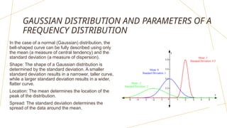 GAUSSIAN DISTRIBUTION AND PARAMETERS OF A
FREQUENCY DISTRIBUTION
In the case of a normal (Gaussian) distribution, the
bell-shaped curve can be fully described using only
the mean (a measure of central tendency) and the
standard deviation (a measure of dispersion).
Shape: The shape of a Gaussian distribution is
determined by the standard deviation. A smaller
standard deviation results in a narrower, taller curve,
while a larger standard deviation results in a wider,
flatter curve.
Location: The mean determines the location of the
peak of the distribution.
Spread: The standard deviation determines the
spread of the data around the mean.
 