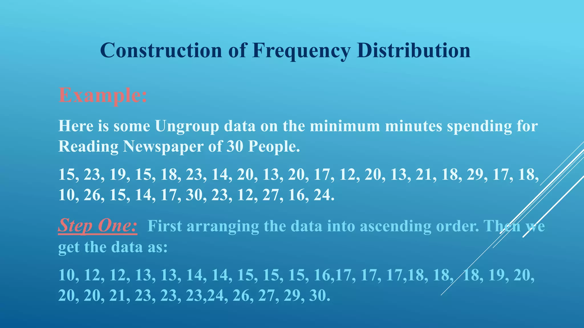 Construction of Frequency Distribution
Example:
Here is some Ungroup data on the minimum minutes spending for
Reading Newspaper of 30 People.
15, 23, 19, 15, 18, 23, 14, 20, 13, 20, 17, 12, 20, 13, 21, 18, 29, 17, 18,
10, 26, 15, 14, 17, 30, 23, 12, 27, 16, 24.
Step One: First arranging the data into ascending order. Then we
get the data as:
10, 12, 12, 13, 13, 14, 14, 15, 15, 15, 16,17, 17, 17,18, 18, 18, 19, 20,
20, 20, 21, 23, 23, 23,24, 26, 27, 29, 30.
 