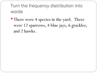Turn the frequency distribution into words There were 4 species in the yard.  There were 12 sparrows, 4 blue jays, 6 grackles, and 2 hawks. 