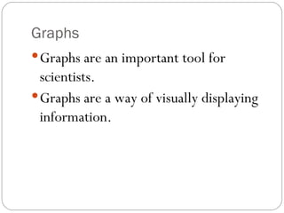 Graphs Graphs are an important tool for scientists. Graphs are a way of visually displaying information. 