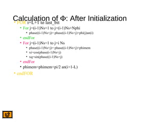 Calculation of Φ: After Initialization• FOR i=L+1 to last_bit
• For j=(i-1)Ns+1 to j=(i-1)Ns+Nphi
• phase((i-1)Ns+j)= phase((i-1)Ns+j)+phi(j)an(i)
• endFor
• For j=(i-1)Ns+1 to j=i Ns
• phase((i-1)Ns+j)= phase((i-1)Ns+j)+phimem
• xi=cos(phase(i-1)Ns+j)
• xq=sin(phase((i-1)Ns+j)
• endFor
• phimem=phimem+pi/2 an(i+1-L)
• endFOR
 