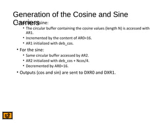 Generation of the Cosine and Sine
Carriers• For the cosine:
• The circular buffer containing the cosine values (length N) is accessed with
AR1.
• Incremented by the content of AR0=16.
• AR1 initialized with deb_cos.
• For the sine:
• Same circular buffer accessed by AR2.
• AR2 initialized with deb_cos + Ncos/4.
• Decremented by AR0=16.
• Outputs (cos and sin) are sent to DXR0 and DXR1.
 