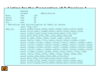 Listing for the Generation of 2 Carriers 1
of 2
.mmregs
.global debut,boucle
Ncos .set 128
Nsur2 .set 64
Nsur4 .set 32
Inc .set 16
* Definition and initialization of Table of cosine
.sect "tab_cos"
deb_cos .word 16384,16364,16305,16207,16069,15893,15679,15426
.word 15137,14811,14449,14053,13623,13160,12665,12140
.word 11585,11003,10394,9760,9102,8423,7723,7005
.word 6270,5520,4756,3981,3196,2404,1606,804
.word 0,-804,-1606,-2404,-3196,-3981,-4756,-5520
.word -6270,-7005,-7723,-8423,-9102,-9760,-10394,-11003
.word -11585,-12140,-12665,-13160,-13623,-14053,-14449,-14811
.word -15137,-15426,-15679,-15893,-16069,-16207,-16305,-16364
.word -16384,-16364,-16305,-16207,-16069,-15893,-15679,-15426
.word -15137,-14811,-14449,-14053,-13623,-13160,-12665,-12140
.word -11585,-11003,-10394,-9760,-9102,-8423,-7723,-7005
.word -6270,-5520,-4756,-3981,-3196,-2404,-1606,-804
.word 0,804,1606,2404,3196,3981,4756,5520
.word 6270,7005,7723,8423,9102,9760,10394,11003
.word 11585,12140,12665,13160,13623,14053,14449,14811
.word 15137,15426,15679,15893,16069,16207,16305,16364
 
