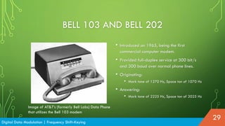BELL 103 AND BELL 202
• Introduced on 1965, being the first
commercial computer modem.
• Provided full-duplex service at 300 bit/s
and 300 baud over normal phone lines.
• Originating:
• Mark tone of 1270 Hz, Space ton of 1070 Hz
• Answering:
• Mark tone of 2225 Hz, Space ton of 2025 Hz
Digital Data Modulation | Frequency Shift-Keying
29
Image of AT&T’s (formerly Bell Labs) Data Phone
that utilizes the Bell 103 modem
 