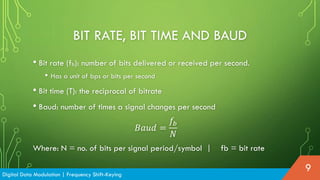 BIT RATE, BIT TIME AND BAUD
• Bit rate (fb): number of bits delivered or received per second.
• Has a unit of bps or bits per second
• Bit time (T): the reciprocal of bitrate
• Baud: number of times a signal changes per second
𝐵𝑎𝑢𝑑 =
𝑓𝑏
𝑁
Where: N = no. of bits per signal period/symbol | fb = bit rate
Digital Data Modulation | Frequency Shift-Keying
9
 