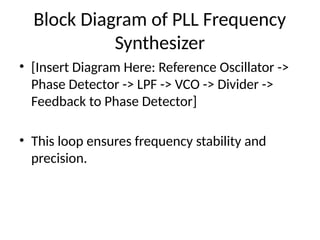 Block Diagram of PLL Frequency
Synthesizer
• [Insert Diagram Here: Reference Oscillator ->
Phase Detector -> LPF -> VCO -> Divider ->
Feedback to Phase Detector]
• This loop ensures frequency stability and
precision.
 