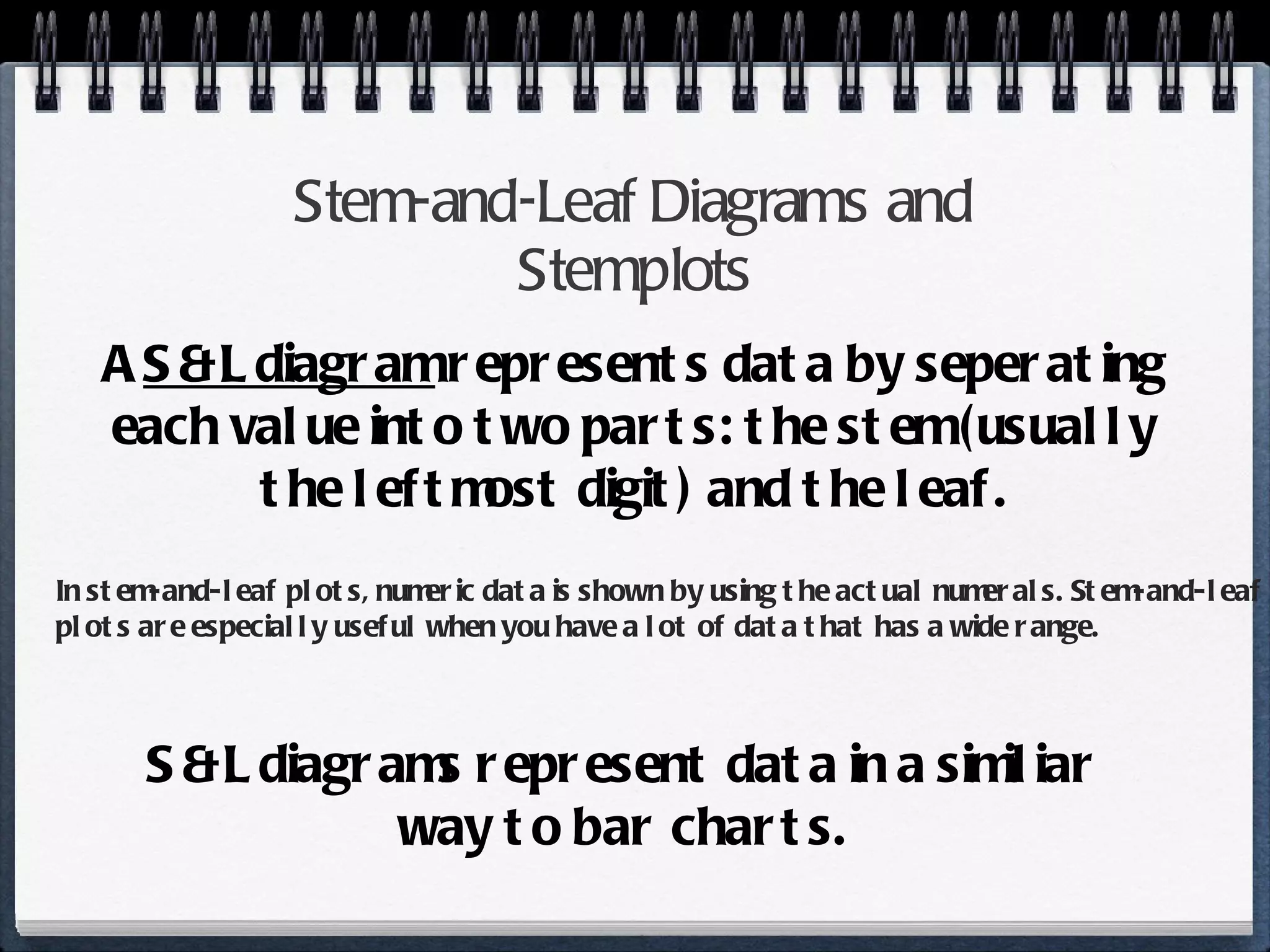 Stem-and-Leaf Diagrams and Stemplots A  S & L diagram  represents data by seperating each value into two parts: the stem (usually the leftmost digit) and the leaf. S & L diagrams represent data in a similiar way to bar charts. In stem-and-leaf plots, numeric data is shown by using the actual numerals. Stem-and-leaf plots are especially useful when you have a lot of data that has a wide range. 