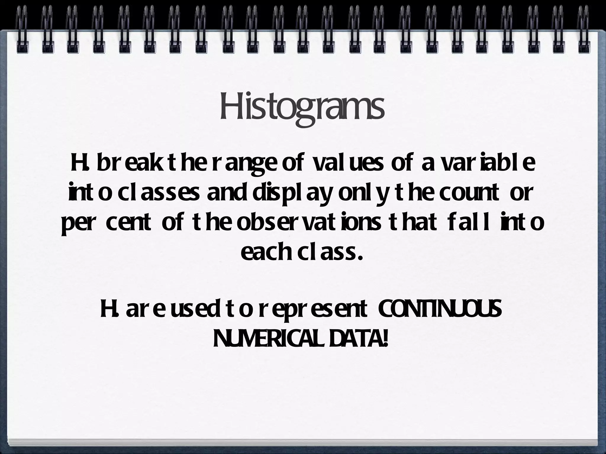 Histograms H. break the range of values of a variable into classes and display only the count or per cent of the observations that fall into each class. H. are used to represent CONTINUOUS NUMERICAL DATA! 