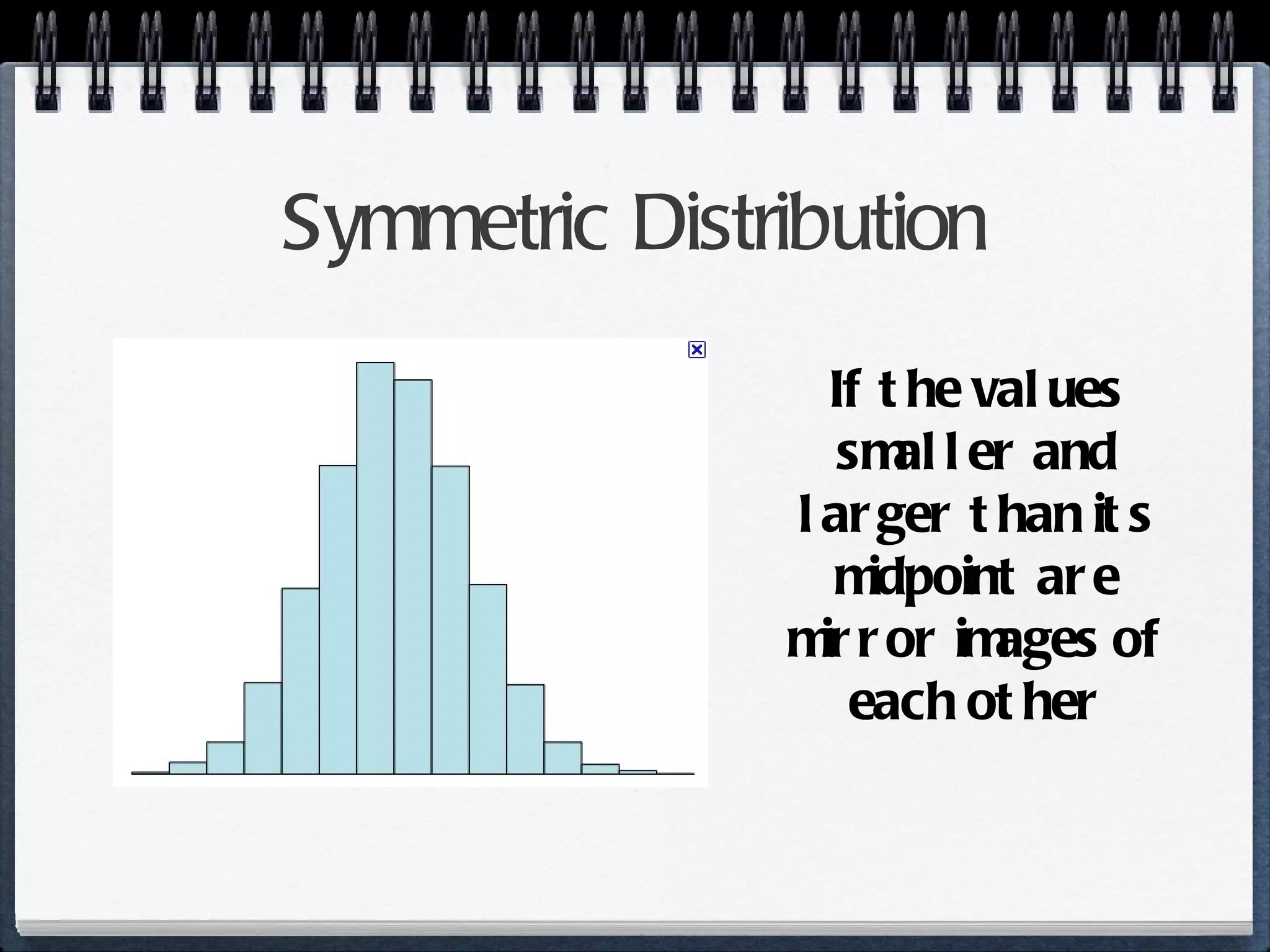 Symmetric Distribution If the values smaller and larger than its midpoint are mirror images of each other 