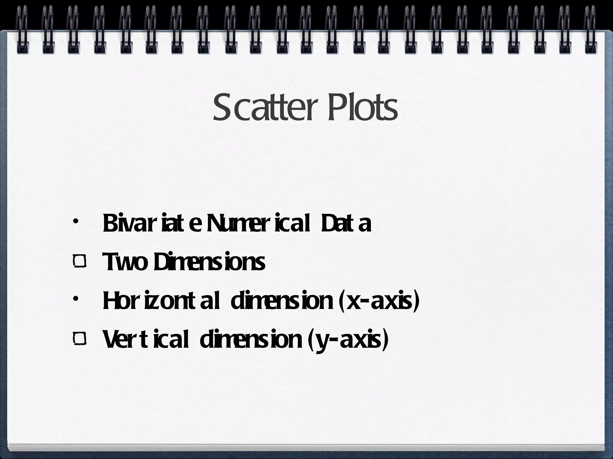 Scatter Plots Bivariate Numerical Data Two Dimensions Horizontal dimension (x-axis) Vertical dimension (y-axis) 