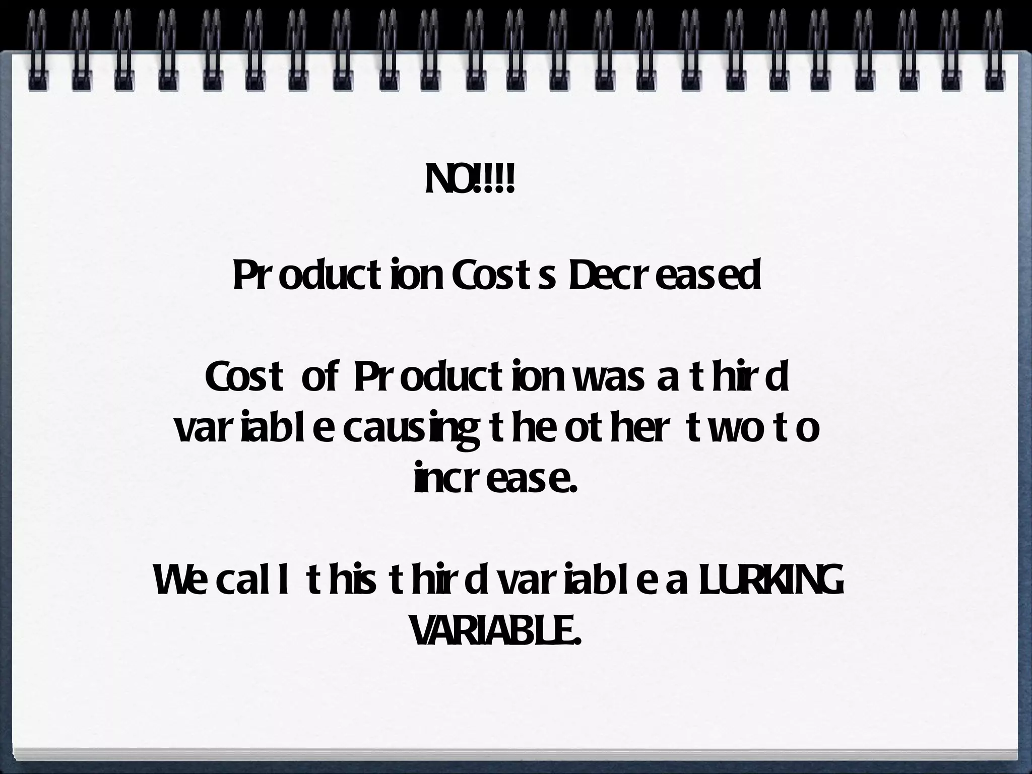NO!!!! Production Costs Decreased Cost of Production was a third variable causing the other two to increase. We call this third variable a LURKING VARIABLE. 