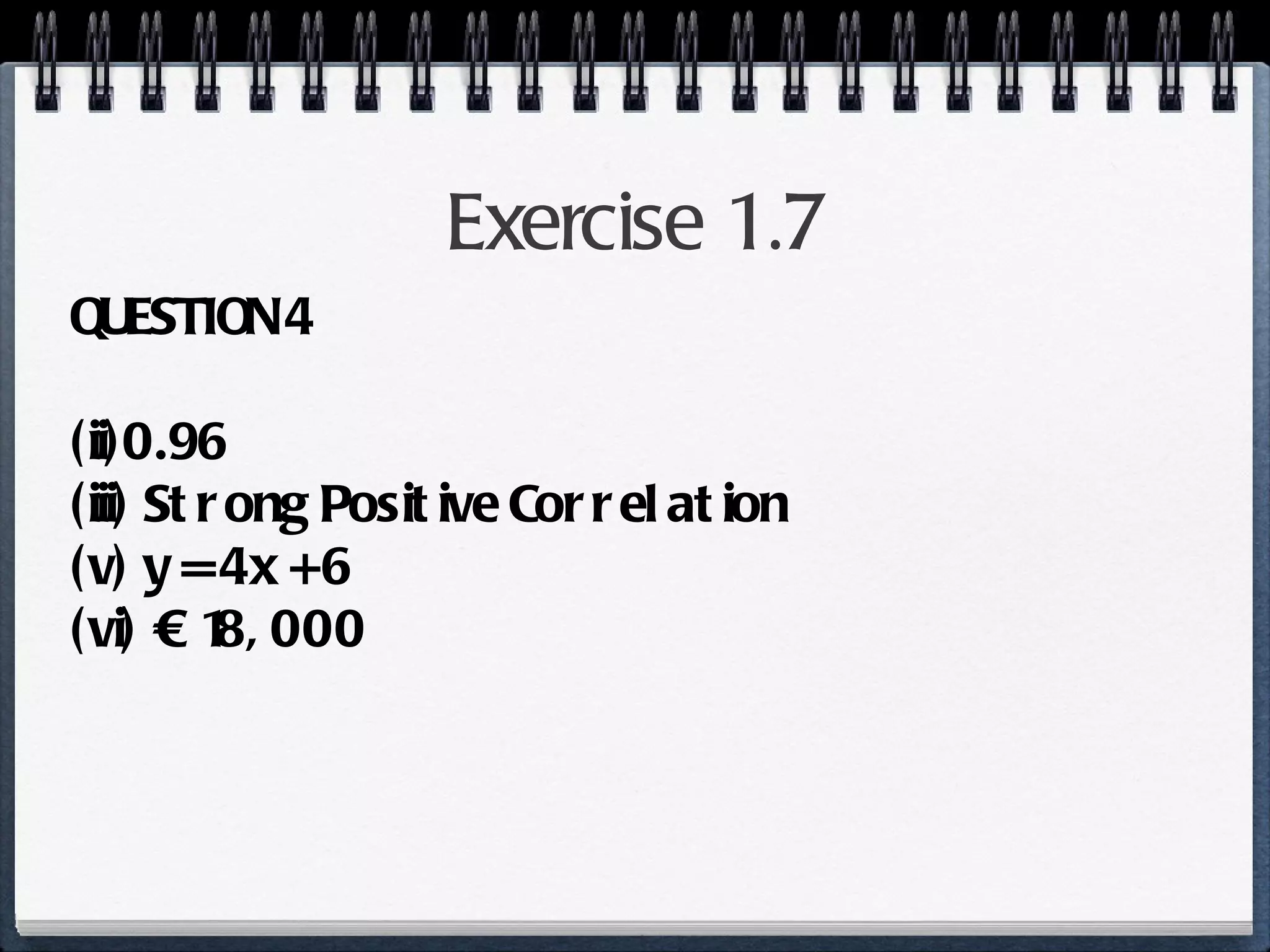 Exercise 1.7 QUESTION 4 (ii)0.96 (iii) Strong Positive Correlation (v) y = 4x + 6 (vi) € 18, 000 