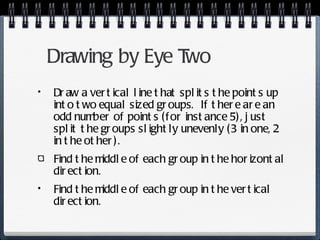 Drawing by Eye Two Draw a vertical line that splits the points up into two equal sized groups.  If there are an odd number of points (for instance 5), just split the groups slightly unevenly (3 in one, 2 in the other). Find the middle of each group in the horizontal direction. Find the middle of each group in the vertical direction. 