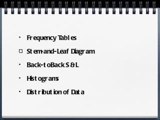 Frequency Tables Stem-and-Leaf Diagram Back-toBack S & L Histograms Distribution of Data 
