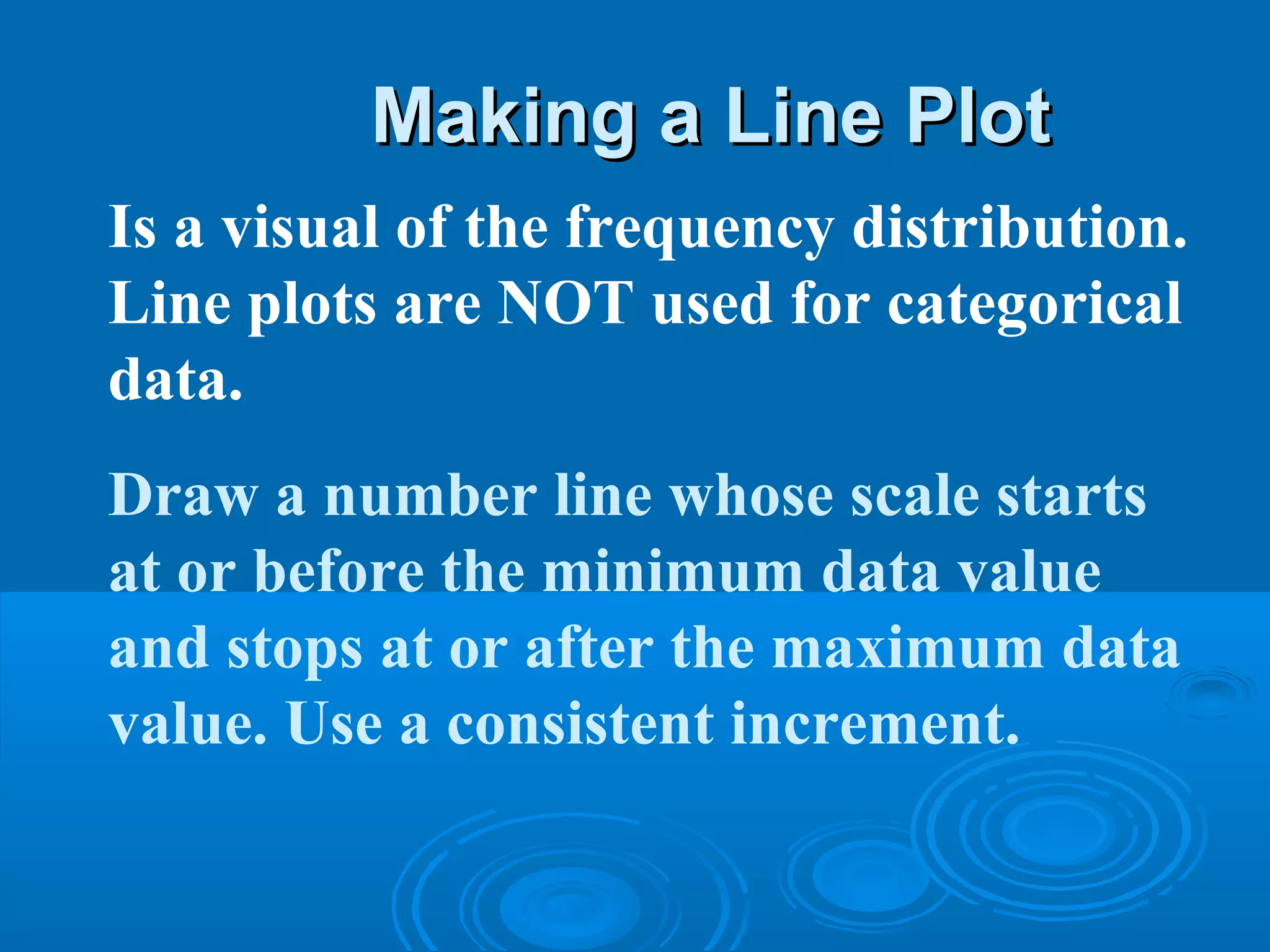 Making a Line Plot
Is a visual of the frequency distribution.
Line plots are NOT used for categorical
data.
Draw a number line whose scale starts
at or before the minimum data value
and stops at or after the maximum data
value. Use a consistent increment.
 