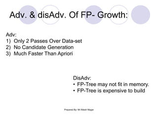 Adv. & disAdv. Of FP- Growth:
Adv:
1) Only 2 Passes Over Data-set
2) No Candidate Generation
3) Much Faster Than Apriori
DisAdv:
• FP-Tree may not fit in memory.
• FP-Tree is expensive to build
Prepared By- Mr.Nilesh Magar
 