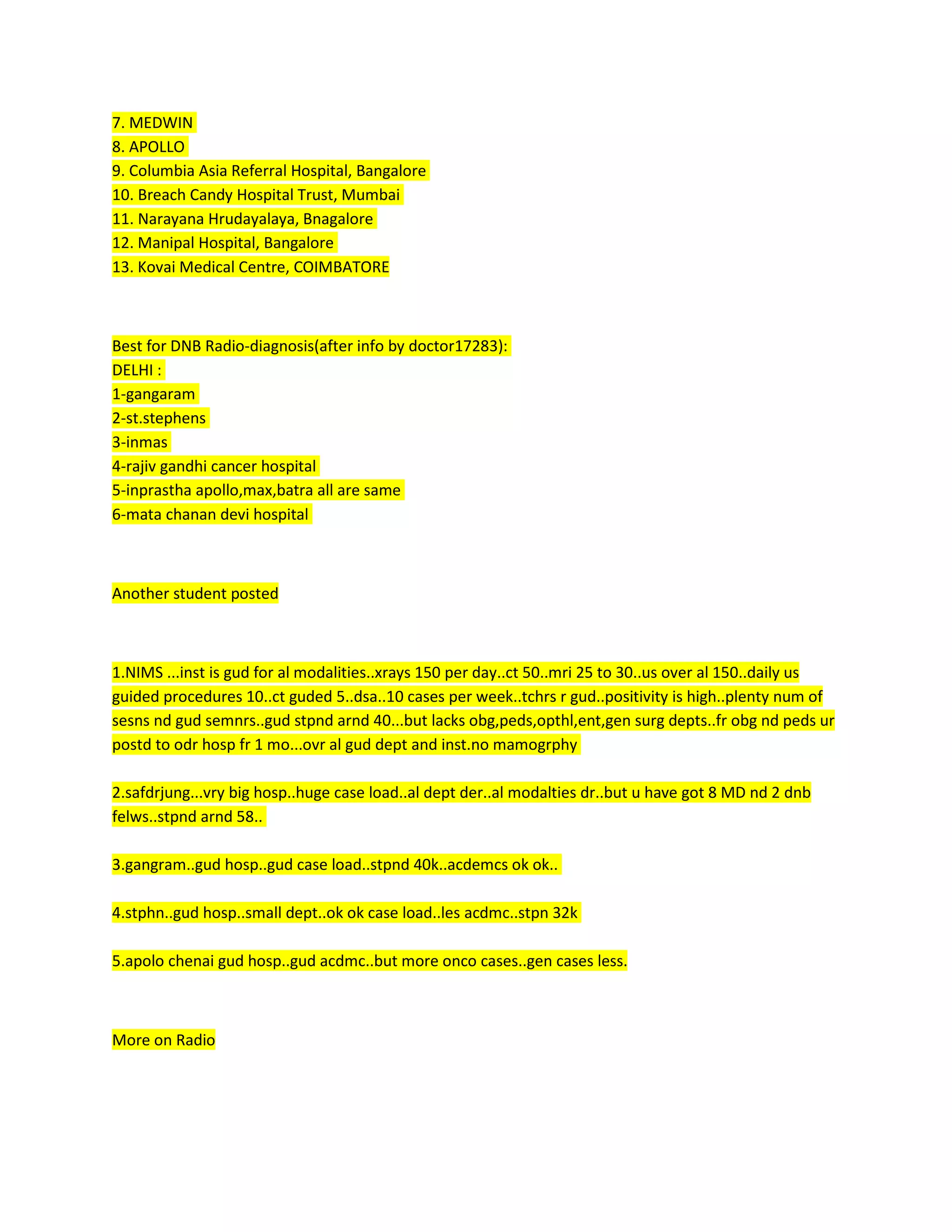 7. MEDWIN
8. APOLLO
9. Columbia Asia Referral Hospital, Bangalore
10. Breach Candy Hospital Trust, Mumbai
11. Narayana Hrudayalaya, Bnagalore
12. Manipal Hospital, Bangalore
13. Kovai Medical Centre, COIMBATORE
Best for DNB Radio-diagnosis(after info by doctor17283):
DELHI :
1-gangaram
2-st.stephens
3-inmas
4-rajiv gandhi cancer hospital
5-inprastha apollo,max,batra all are same
6-mata chanan devi hospital
Another student posted
1.NIMS ...inst is gud for al modalities..xrays 150 per day..ct 50..mri 25 to 30..us over al 150..daily us
guided procedures 10..ct guded 5..dsa..10 cases per week..tchrs r gud..positivity is high..plenty num of
sesns nd gud semnrs..gud stpnd arnd 40...but lacks obg,peds,opthl,ent,gen surg depts..fr obg nd peds ur
postd to odr hosp fr 1 mo...ovr al gud dept and inst.no mamogrphy
2.safdrjung...vry big hosp..huge case load..al dept der..al modalties dr..but u have got 8 MD nd 2 dnb
felws..stpnd arnd 58..
3.gangram..gud hosp..gud case load..stpnd 40k..acdemcs ok ok..
4.stphn..gud hosp..small dept..ok ok case load..les acdmc..stpn 32k
5.apolo chenai gud hosp..gud acdmc..but more onco cases..gen cases less.
More on Radio
 