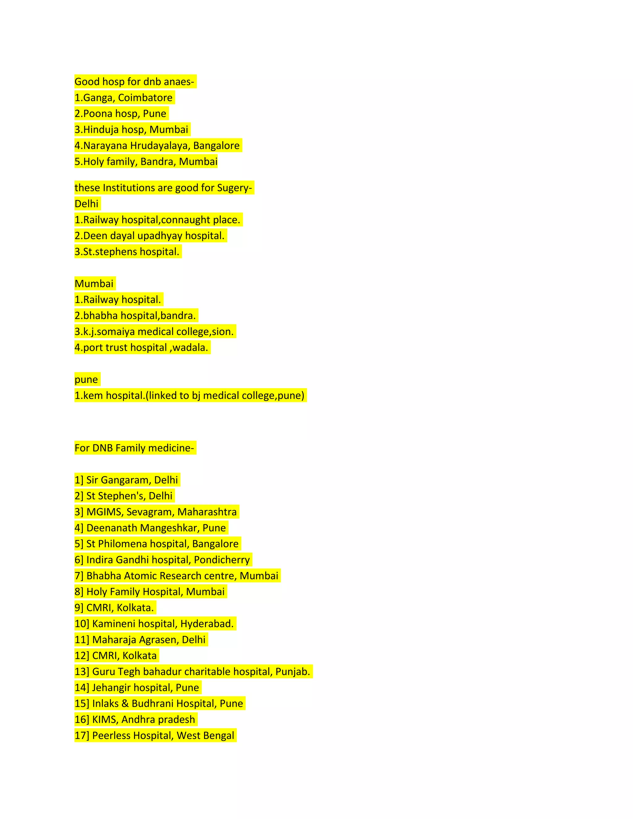 Good hosp for dnb anaes-
1.Ganga, Coimbatore
2.Poona hosp, Pune
3.Hinduja hosp, Mumbai
4.Narayana Hrudayalaya, Bangalore
5.Holy family, Bandra, Mumbai
these Institutions are good for Sugery-
Delhi
1.Railway hospital,connaught place.
2.Deen dayal upadhyay hospital.
3.St.stephens hospital.
Mumbai
1.Railway hospital.
2.bhabha hospital,bandra.
3.k.j.somaiya medical college,sion.
4.port trust hospital ,wadala.
pune
1.kem hospital.(linked to bj medical college,pune)
For DNB Family medicine-
1] Sir Gangaram, Delhi
2] St Stephen's, Delhi
3] MGIMS, Sevagram, Maharashtra
4] Deenanath Mangeshkar, Pune
5] St Philomena hospital, Bangalore
6] Indira Gandhi hospital, Pondicherry
7] Bhabha Atomic Research centre, Mumbai
8] Holy Family Hospital, Mumbai
9] CMRI, Kolkata.
10] Kamineni hospital, Hyderabad.
11] Maharaja Agrasen, Delhi
12] CMRI, Kolkata
13] Guru Tegh bahadur charitable hospital, Punjab.
14] Jehangir hospital, Pune
15] Inlaks & Budhrani Hospital, Pune
16] KIMS, Andhra pradesh
17] Peerless Hospital, West Bengal
 