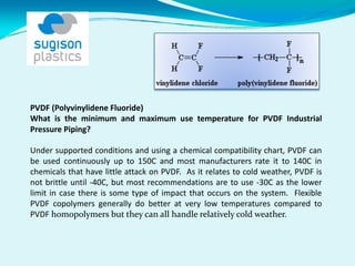 PVDF (Polyvinylidene Fluoride)
What is the minimum and maximum use temperature for PVDF Industrial
Pressure Piping?  
Under supported conditions and using a chemical compatibility chart, PVDF can
be used continuously up to 150C and most manufacturers rate it to 140C in
chemicals that have little attack on PVDF. As it relates to cold weather, PVDF is
not brittle until ‐40C, but most recommendations are to use ‐30C as the lower
limit in case there is some type of impact that occurs on the system. Flexible
PVDF copolymers generally do better at very low temperatures compared to
PVDF homopolymers but they can all handle relatively cold weather.
 