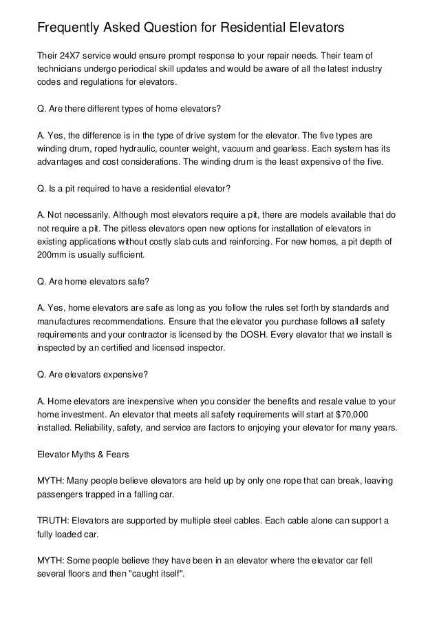 Frequently Asked Question for Residential Elevators