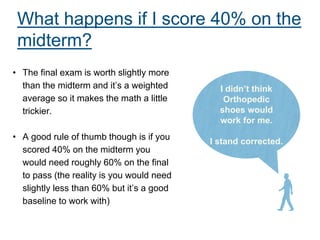 What happens if I score 40% on the
midterm?
• The final exam is worth slightly more
than the midterm and it’s a weighted
average so it makes the math a little
trickier.
• A good rule of thumb though is if you
scored 40% on the midterm you
would need roughly 60% on the final
to pass (the reality is you would need
slightly less than 60% but it’s a good
baseline to work with)
I didn’t think
Orthopedic
shoes would
work for me.
I stand corrected.
 
