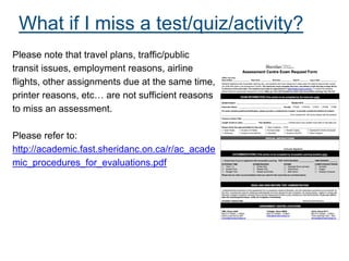 Please note that travel plans, traffic/public
transit issues, employment reasons, airline
flights, other assignments due at the same time,
printer reasons, etc… are not sufficient reasons
to miss an assessment.
Please refer to:
http://academic.fast.sheridanc.on.ca/r/ac_acade
mic_procedures_for_evaluations.pdf
What if I miss a test/quiz/activity?
 