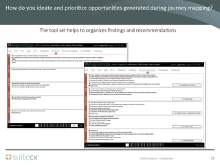 ©2014	
  suitecx	
  –	
  ConﬁdenBal	
  
How	
  do	
  you	
  ideate	
  and	
  prioriBze	
  opportuniBes	
  generated	
  during	
  journey	
  mapping?	
  	
  
21	
  
The  tool  set  helps  to  organizes  ﬁndings  and  recommenda7ons
 