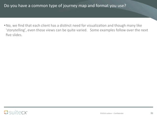 ©2014	
  suitecx	
  –	
  ConﬁdenBal	
  
Do	
  you	
  have	
  a	
  common	
  type	
  of	
  journey	
  map	
  and	
  format	
  you	
  use?	
  	
  
• No,	
  we	
  ﬁnd	
  that	
  each	
  client	
  has	
  a	
  disBnct	
  need	
  for	
  visualizaBon	
  and	
  though	
  many	
  like	
  
‘storytelling’,	
  even	
  those	
  views	
  can	
  be	
  quite	
  varied.	
  	
  	
  Some	
  examples	
  follow	
  over	
  the	
  next	
  
ﬁve	
  slides.	
  
31	
  
 