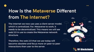 :)
$
How Is the Metaverse Different
from The Internet?
The internet we now use uses a client-server model,
which is centralized. For, Metaverse to work, it
needs to be decentralized. This means we will see
web 3.0 in use to create the Metaverse network
structure.
Therefore, the web 2.0 that we use today will
become obsolete and focus more on peer-to-peer
interactions than user to the server.
 
