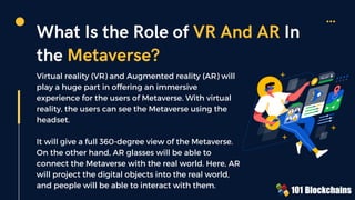 What Is the Role of VR And AR In
the Metaverse?
Virtual reality (VR) and Augmented reality (AR) will
play a huge part in offering an immersive
experience for the users of Metaverse. With virtual
reality, the users can see the Metaverse using the
headset.
It will give a full 360-degree view of the Metaverse.
On the other hand, AR glasses will be able to
connect the Metaverse with the real world. Here, AR
will project the digital objects into the real world,
and people will be able to interact with them.
 