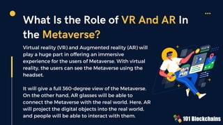 What Is the Role of VR And AR In
the Metaverse?
Virtual reality (VR) and Augmented reality (AR) will
play a huge part in o...