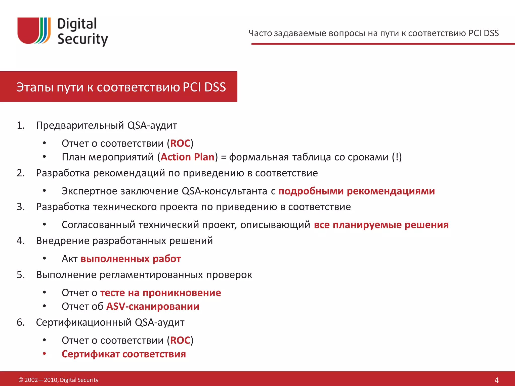 Часто задаваемые вопросы на пути к соответствию PCI DSS




Этапы пути к соответствию PCI DSS

1. Предварительный QSA-аудит
    • Отчет о соответствии (ROC)
    • План мероприятий (Action Plan) = формальная таблица со сроками (!)
2. Разработка рекомендаций по приведению в соответствие
    • Экспертное заключение QSA-консультанта с подробными рекомендациями
3. Разработка технического проекта по приведению в соответствие
    • Согласованный технический проект, описывающий все планируемые решения
4. Внедрение разработанных решений
    • Акт выполненных работ
5. Выполнение регламентированных проверок
    • Отчет о тесте на проникновение
    • Отчет об ASV-сканировании
6. Сертификационный QSA-аудит
        •      Отчет о соответствии (ROC)
        •      Сертификат соответствия

© 2002—2010, Digital Security                                                                     4
 