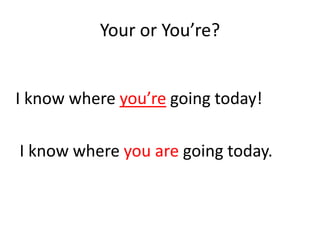 Your or You’re?


I know where you’re going today!

I know where you are going today.
 