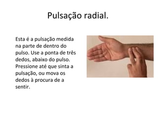 Pulsação radial.  Esta é a pulsação medida na parte de dentro do pulso. Use a ponta de três dedos, abaixo do pulso. Pressione até que sinta a pulsação, ou mova os dedos à procura de a sentir.  