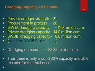 30
Dredging Capacity vs Demand
 Present dredger strength - 21
 Procurement in process - 20
 BIWTA dredging capacity - 11.0 million cum
 Private dredging capacity - 14.0 million cum
 BWDB dredging capacity- 8.0 million cum
 (used for BWDB Projects only)
 Dredging demand - 88.22 million cum
 Thus there is only around 30% capacity available
to cater for the total need.

 